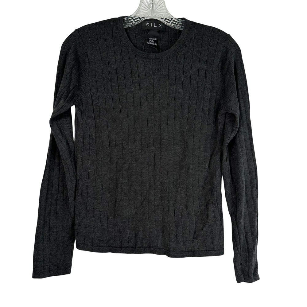 SILX 100% Silk Ribbed Crew Neck Long Sleeve Sweater Charcoal Gray Womens Medium